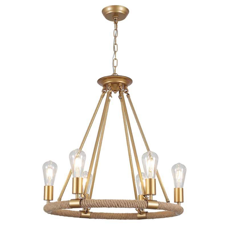 6-Light Farmhouse Chandelier, Modern Wagon Wheel Chandelier for Dining Room Living Room Bedroom Kitchen - W22.83"x H23.26"