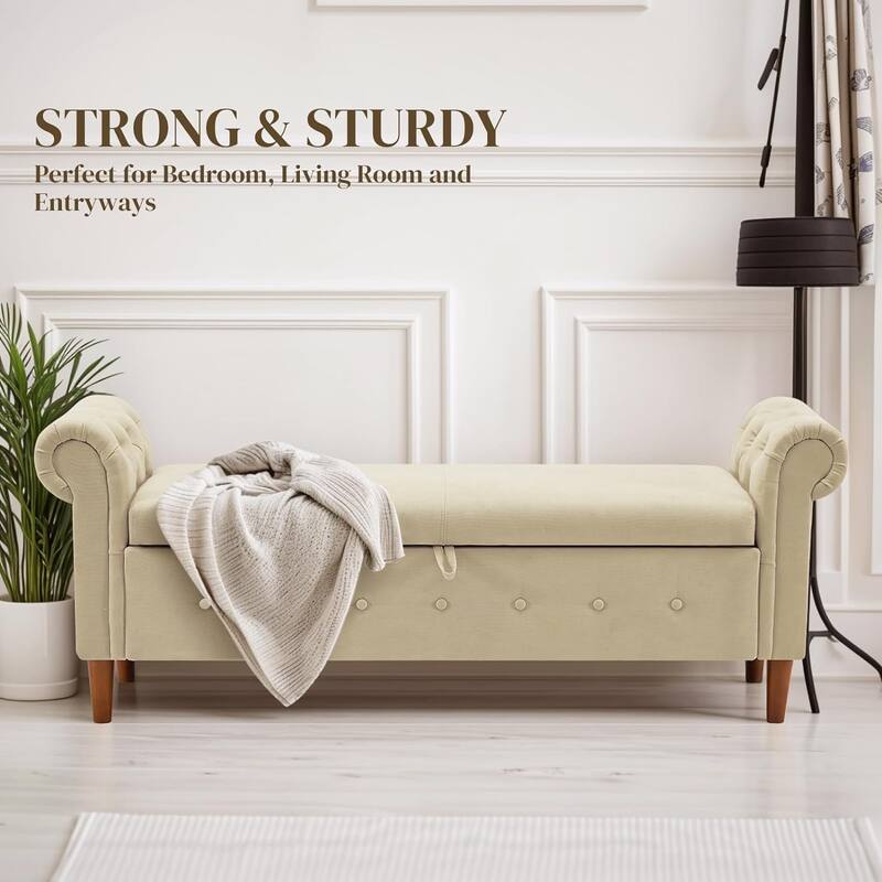 Multipurpose Rectangular Linen Sofa Stool with Large Space Saving Storage, 4 Rubber Wood Feet - 63 x 22.1 x 24.1 inch