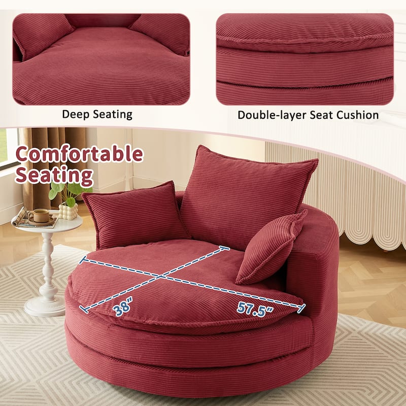 Roomfitters Swivel Barrel Chair with Dual-Layer Cushion and 3 Pillows, Comfy Accent Chair for Home or Office