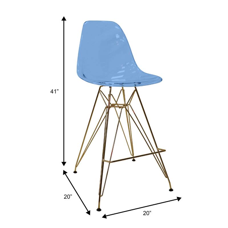 Cresco Acrylic Bar Stool with Gold Chrome Steel Base and Footrest - Counter Height Chair for Kitchen or Dining Area Set of 2