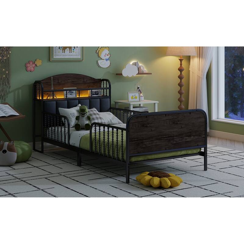 Roomfitters Twin/Full Metal Platform Bed, LED Storage Headboard and Guardrails with Metal Frame for Bedroom or Guest Room