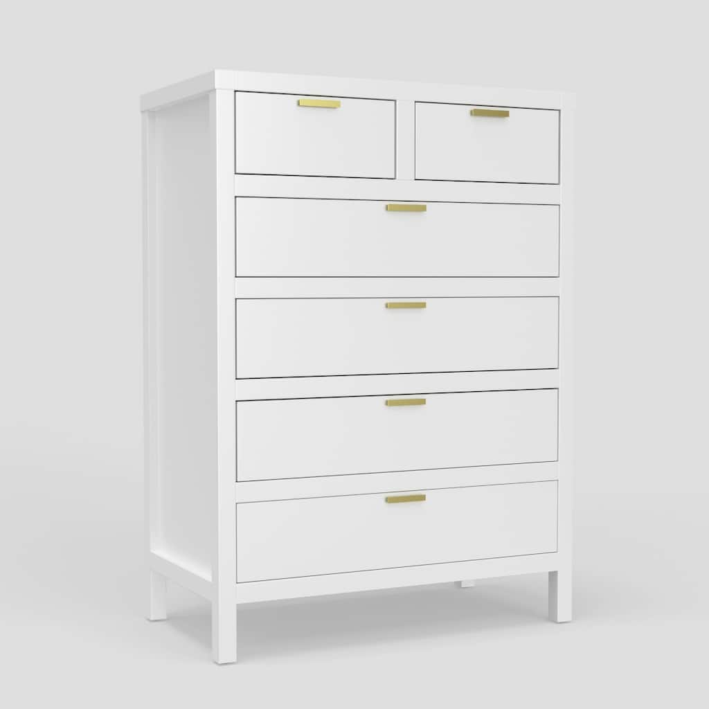 Fery Tall Dresser Chest, 6 Drawers Gold Handles, White Solid Pine Wood