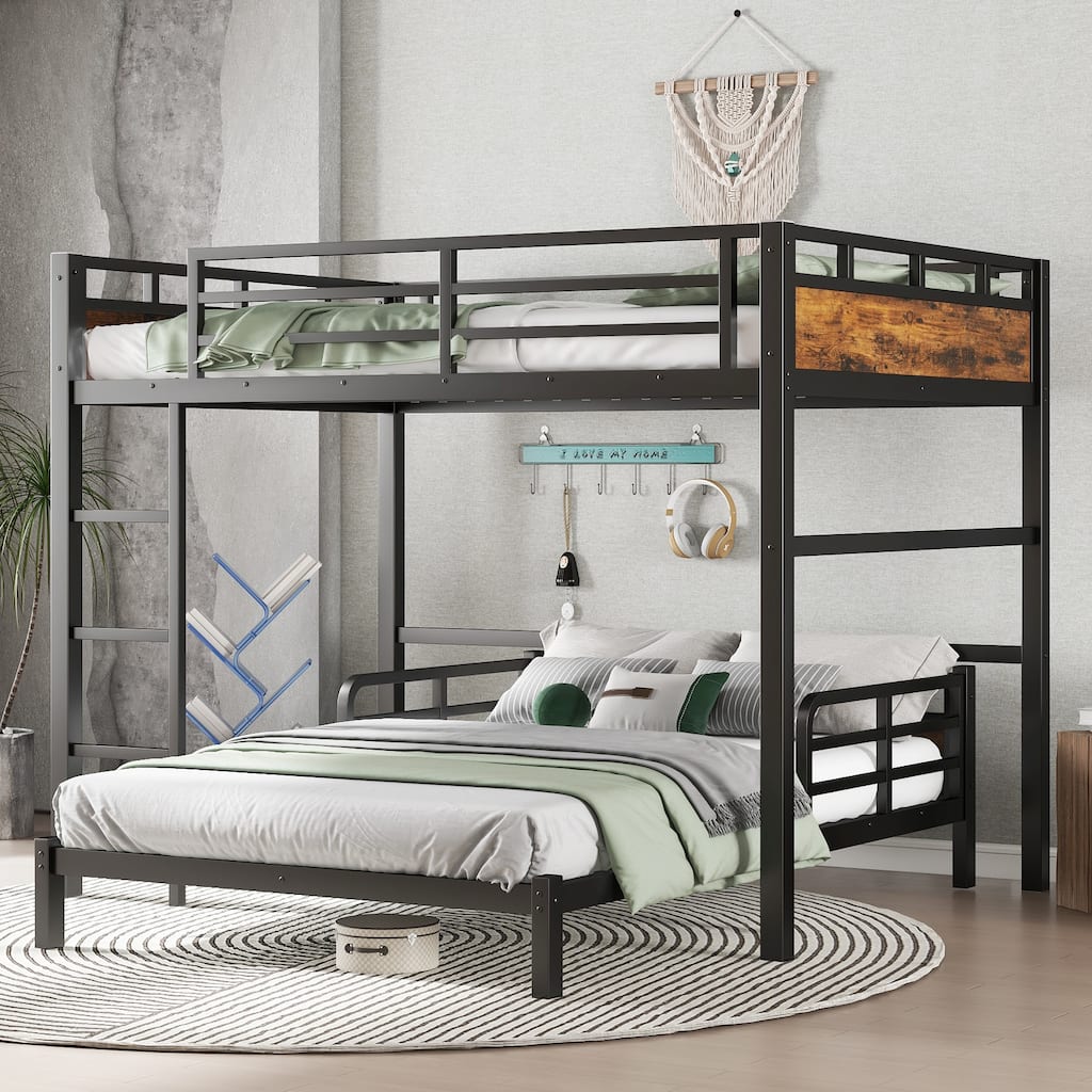 Full XL Metal Bunk Bed Convertible to Loft & Platform Beds, Vintage Wood Finish with Safety Rail