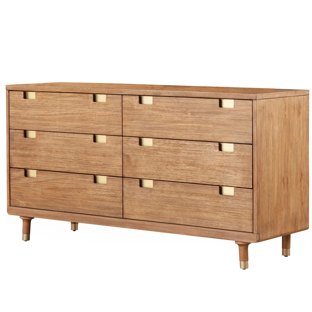 60 Inch 6 Drawer Wooden Dresser with Cutout Pulls, Brown