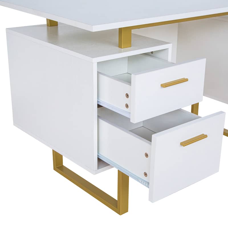 Sleek White Desk with Gold Metal Legs, Storage Drawers, and Cable Management for Modern Home Offices