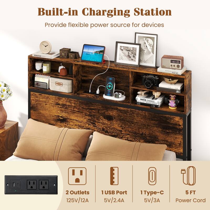 Metal Platform Bed Frame with Headboard Storage and USB Charging Ports