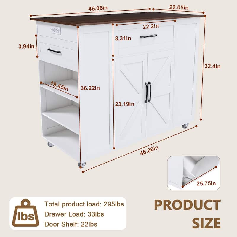 46" Kitchen Island on Wheels with Storage & Power Outlet