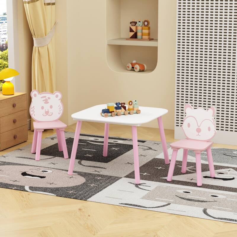Anmytek Toddler 3-Piece Wooden Table and Chair Set Kids Activity Desk with Animal Backrest for Playroom Nursery