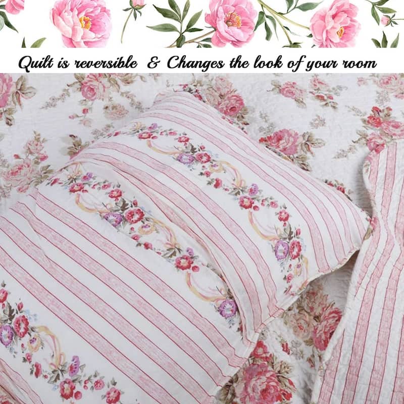 Cozy Line Pink Floral Patricia Reversible Floral 3 Piece Cotton Quilt Bedding Set
