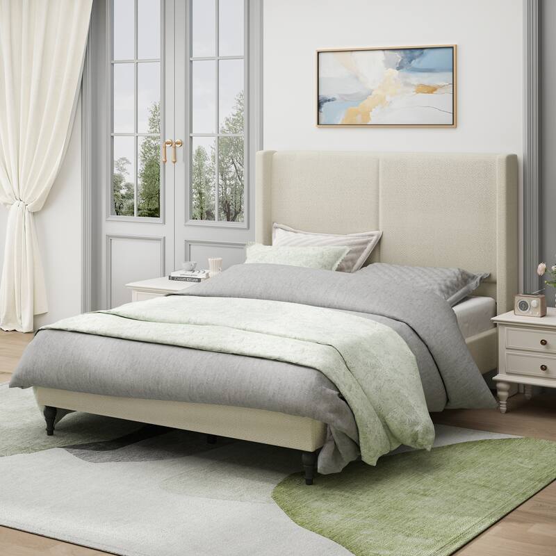Boucle Upholstered Platform Bed with 55.5" High Wingback Headboard, Slats Support, Solid Wood Feet and Optional King or Queen