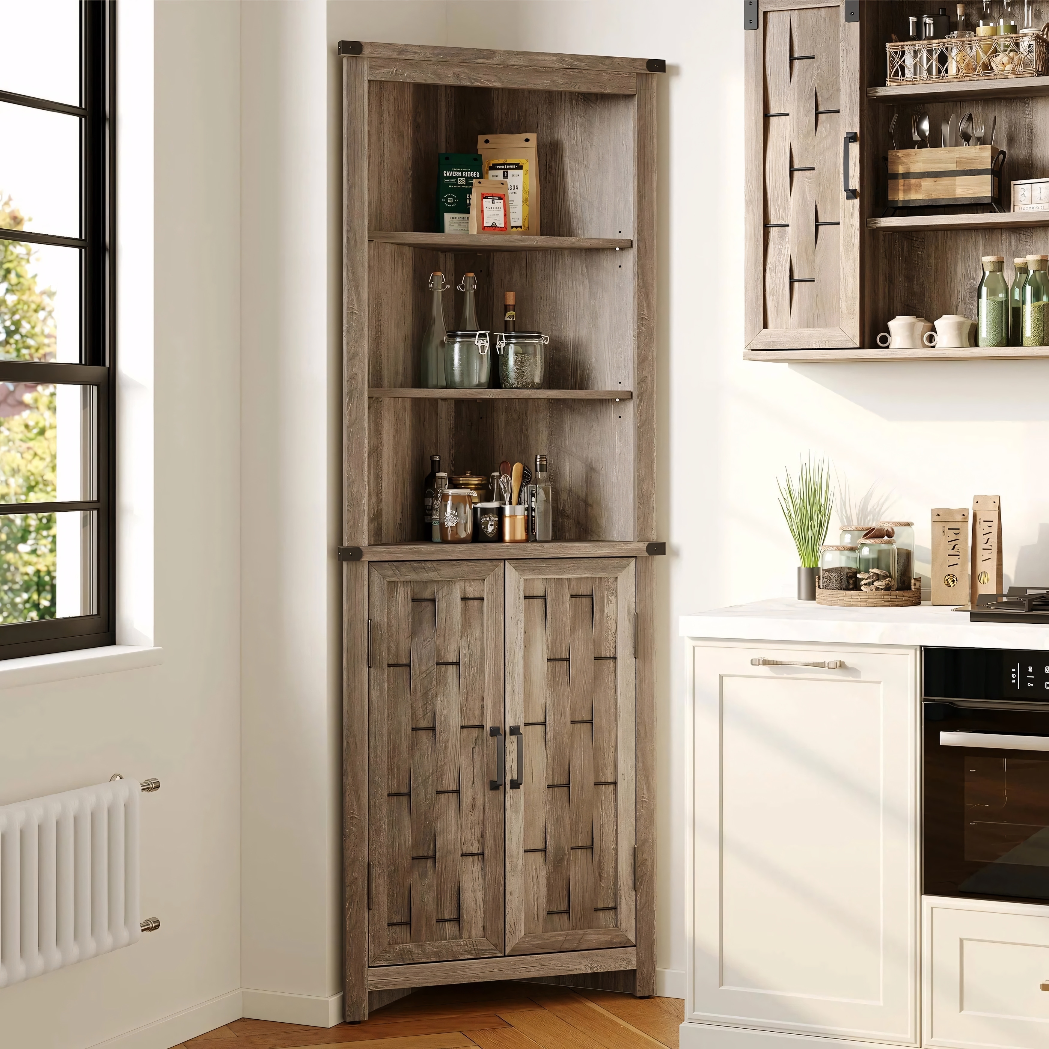 Narrow Farmhouse Storage Cabinet with Door and Adjustable Shelves for Corner Light Brown