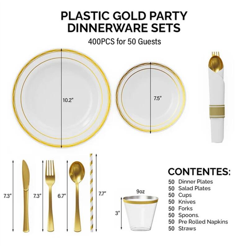 800 Pieces Gold Pre Rolled Napkins Disposable Dinnerware Set