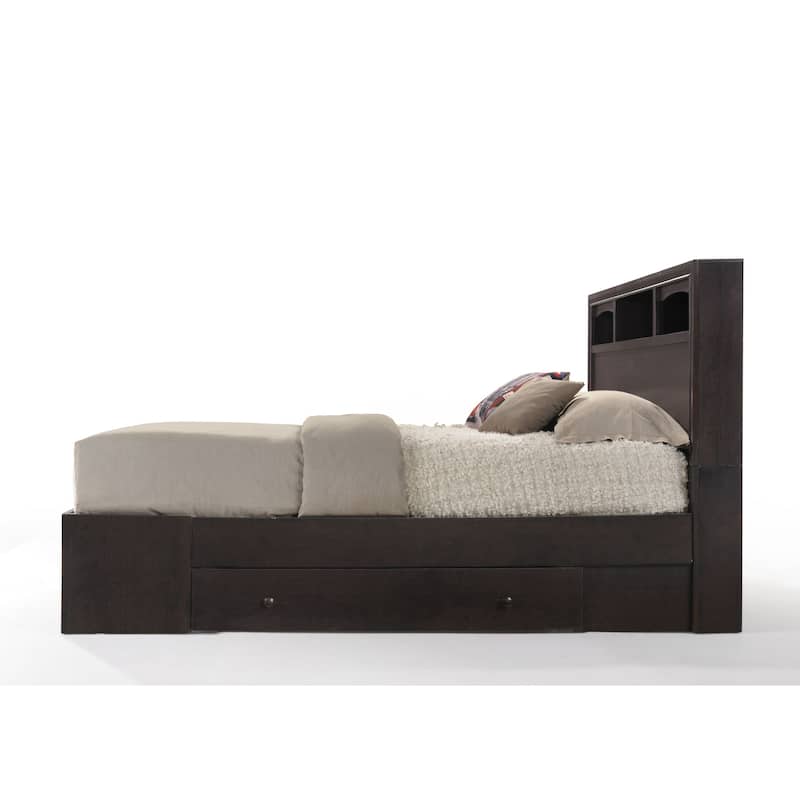Espresso Finish Queen Bed with Bookcase Headboard and 4 Storage Drawers