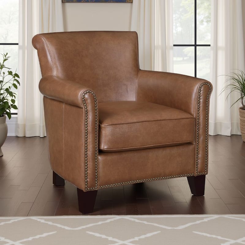 Tria Sofa Accent Chair, Brown Faux Leather, Nailhead Trim, 32 Inch