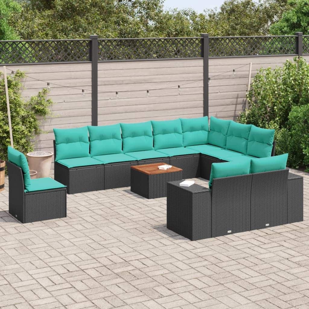 vidaXL 11 Piece Patio Sofa Set with Cushions Black Poly Rattan - 24.4 x 24.4 x 27.2