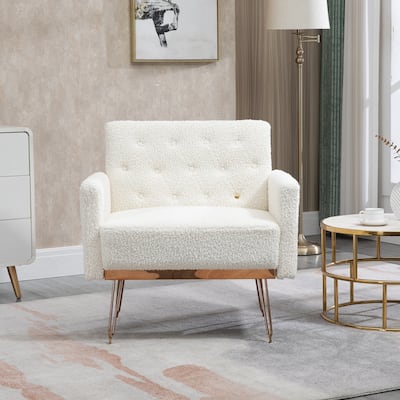 White Fabric Upholstered Armchair Single Sofa Tufted Reading Chairs Gold Metal Leg Wingback Chairs for Living Room Bedroom