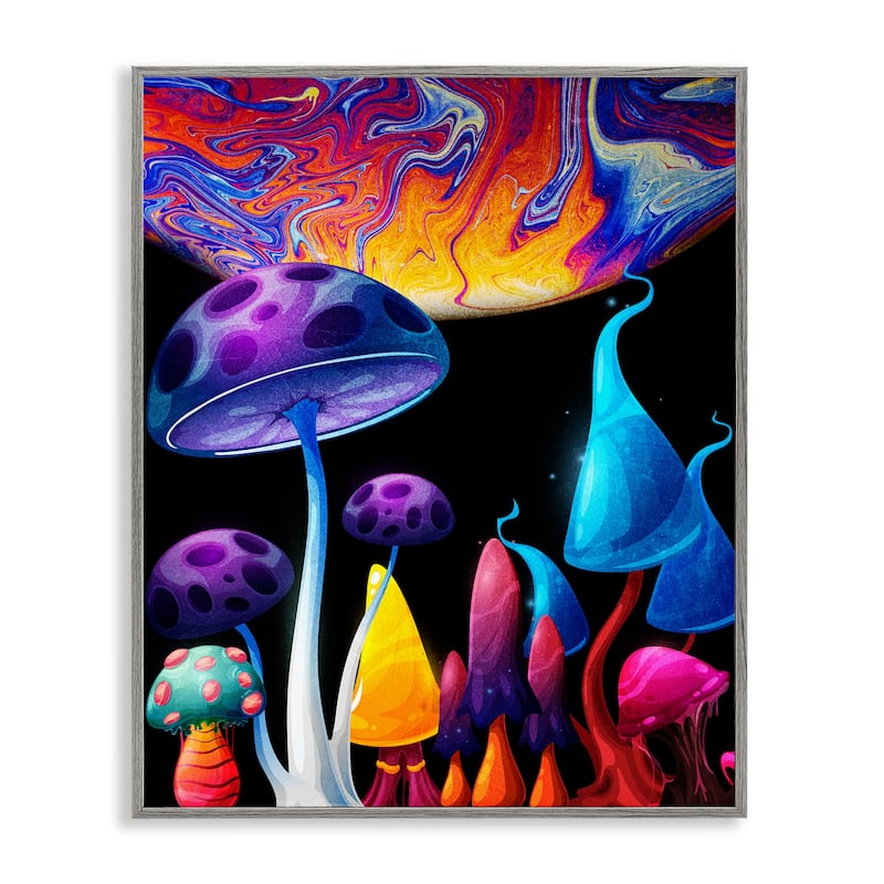 Stupell Whimsical Mushrooms in Space Framed Giclee Art Design By Kim Allen - 24 x 30 - Grey