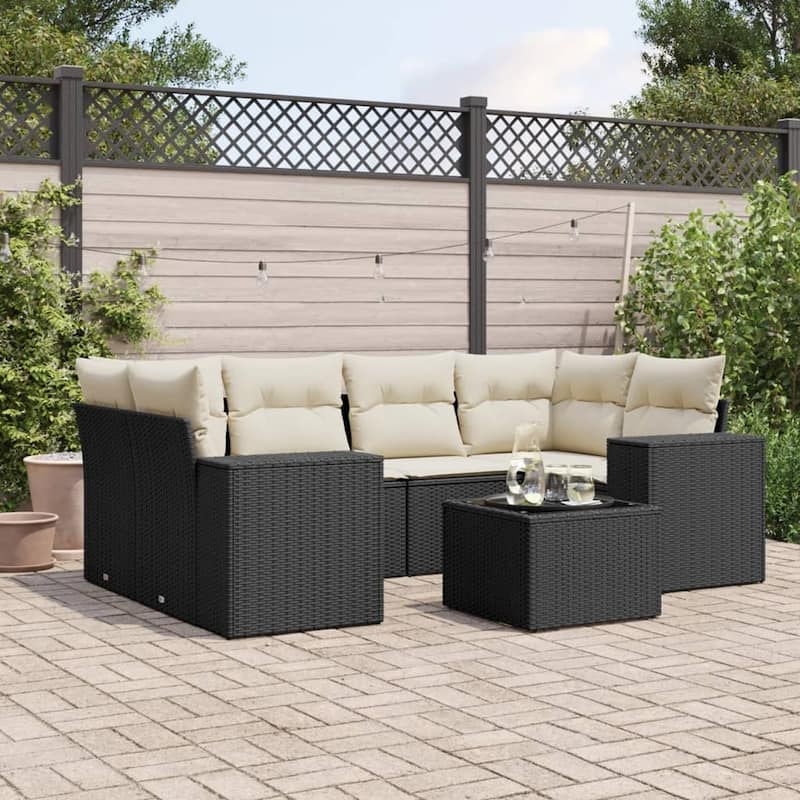 vidaXL Patio Sofa Set with Cushions Outdoor Furniture 7 Piece Poly Rattan - 24.4 x 24.4 x 27.2 - Black and cream
