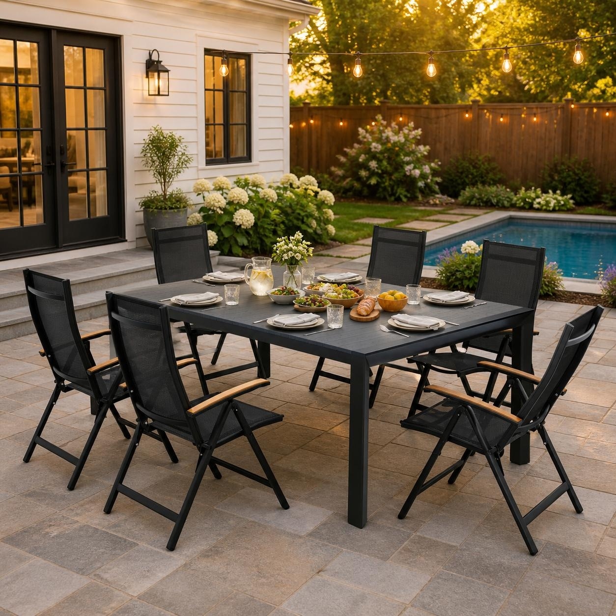 Set of 7 Outdoor Patio Dining Set WoodLike Table Top Aluminum Rectangular Umbrella Hole Table with Folding Teak Armrest Chairs