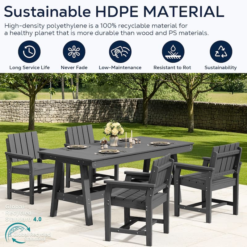 HDPE Patio Dining Set with Rectangular 67.91in W Table with Umbrella Hole and 4 Chairs - N/A
