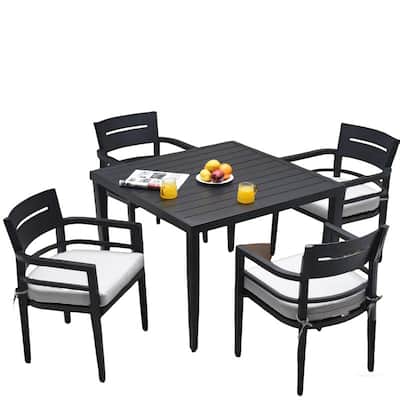 5-Piece Modern Outdoor Patio Set - Aluminum Dining Table with 4 Sunbrella Cushioned Chairs, 40" Square Table with Umbrella Hole.