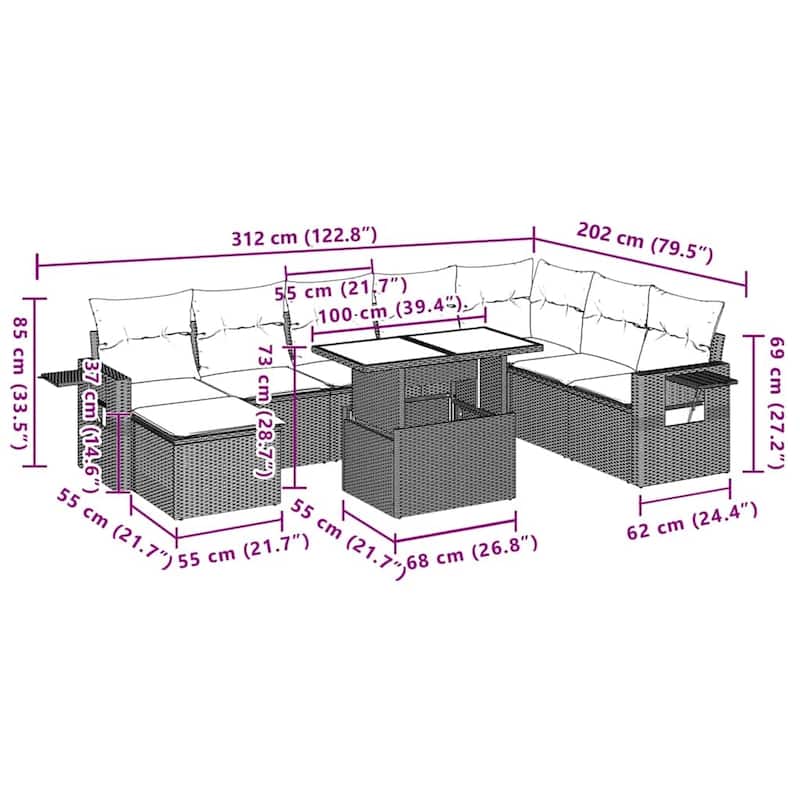 vidaXL Patio Sofa Set with Cushions Outdoor Furniture 9 Piece Poly Rattan