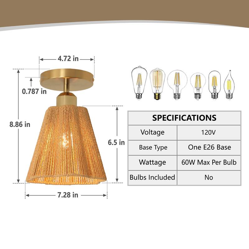 1-Light Brown Paper Rope Boho Semi-Flush Mount Ceiling Light