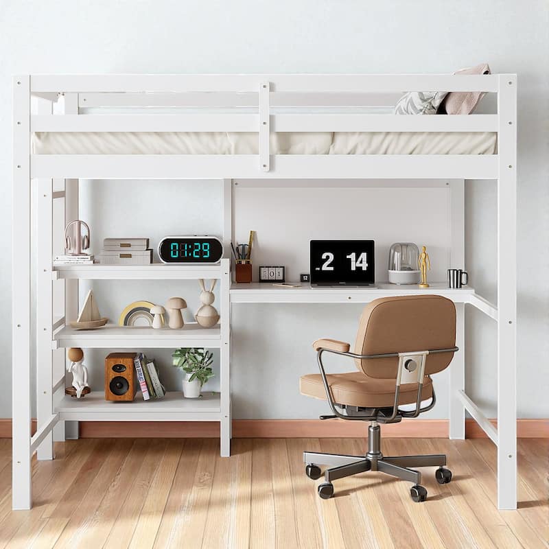 Twin Size Wooden Loft Bed with Desk, Shelves and Writable Board, Space Saving Work and Sleep Station - White - Twin