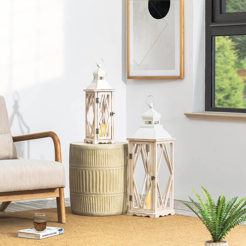 Glitzhome 2-Piece Oversize Farmhouse Wood/ Metal Hanging Candle Holders Decorative Lanterns