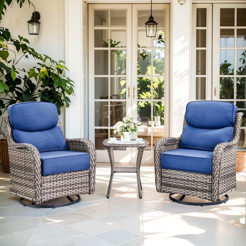 Outdoor Patio Sofa Swivel Chair with 6-Inch Thick Cushions Set - Grey Wicker Blue Cushion - 3PCS Swivel Chair w/ Table