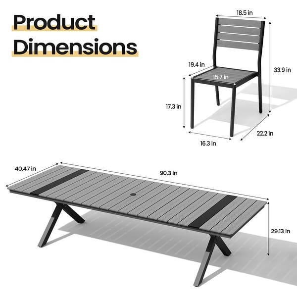 dimension image slide 3 of 4, 11/13-Piece Outdoor Aluminum Dining Table Set Rectangular Table with Umbrella Hole and Stackable Chairs