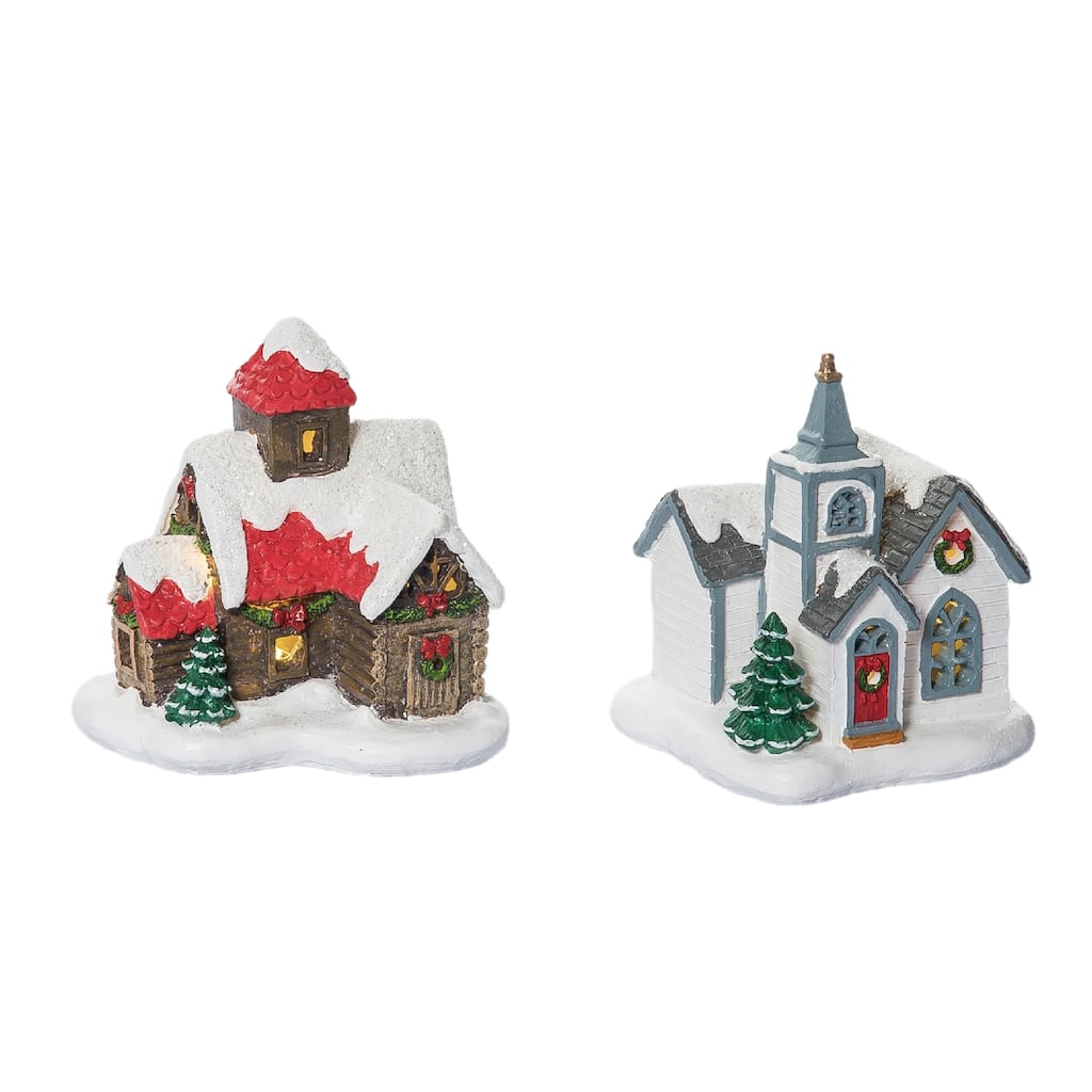 Transpac Resin Light Up Village House/Church Figurine Set of 2 Christmas Home Decorations