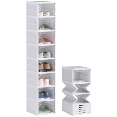 HOMCOM 8 Pack Foldable Shoe Organizer, Plastic No Assembly Stackable Shoe Storage Box with Clear Door, Space Saving