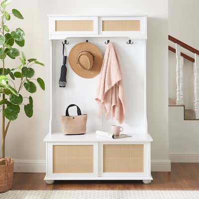 Hall Tree Entryway Bench with Rattan Door Shelves and Shoe Cabinets