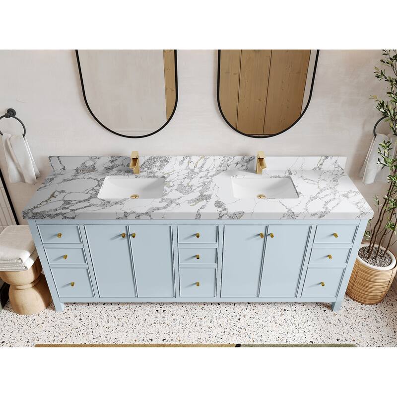 Willow Collections 84 in. W x 22 in. D Chicago Double Bowl Sink Bathroom Vanity with Countertop - 2"Paliasandro - Blue Heather