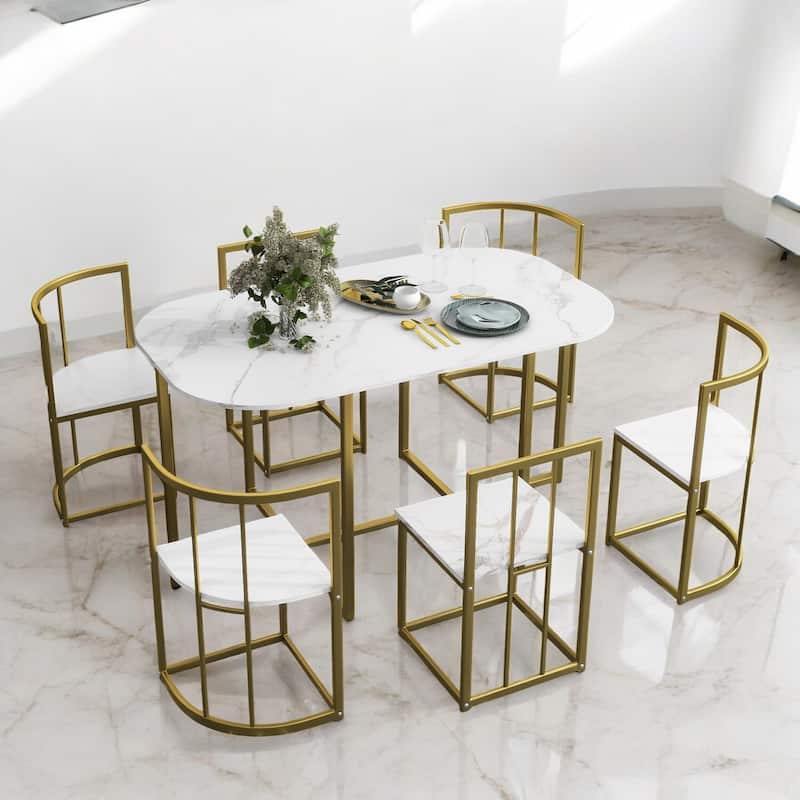 Modern 7-Piece Dining Set with Faux Marble 55" Compact Table and 6 Triangular Chairs for Small Spaces and Dining Room - Golden+White