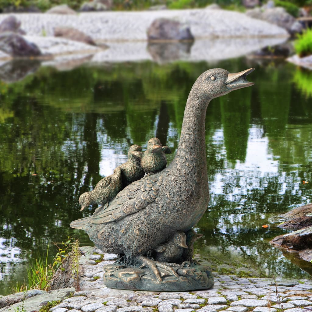 Glitzhome 15"H Resin Faux Bronze Duck Garden Statue Outdoor Decor