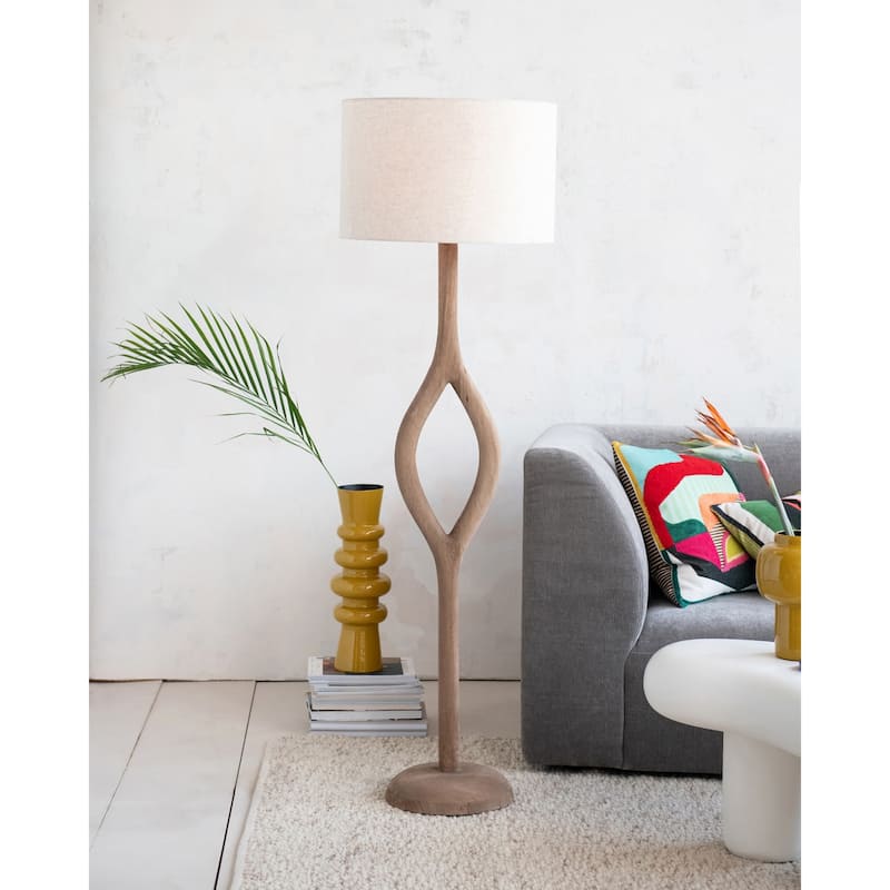 Mango Wood Floor Lamp with Open Base, Cotton Shade and Inline Switch