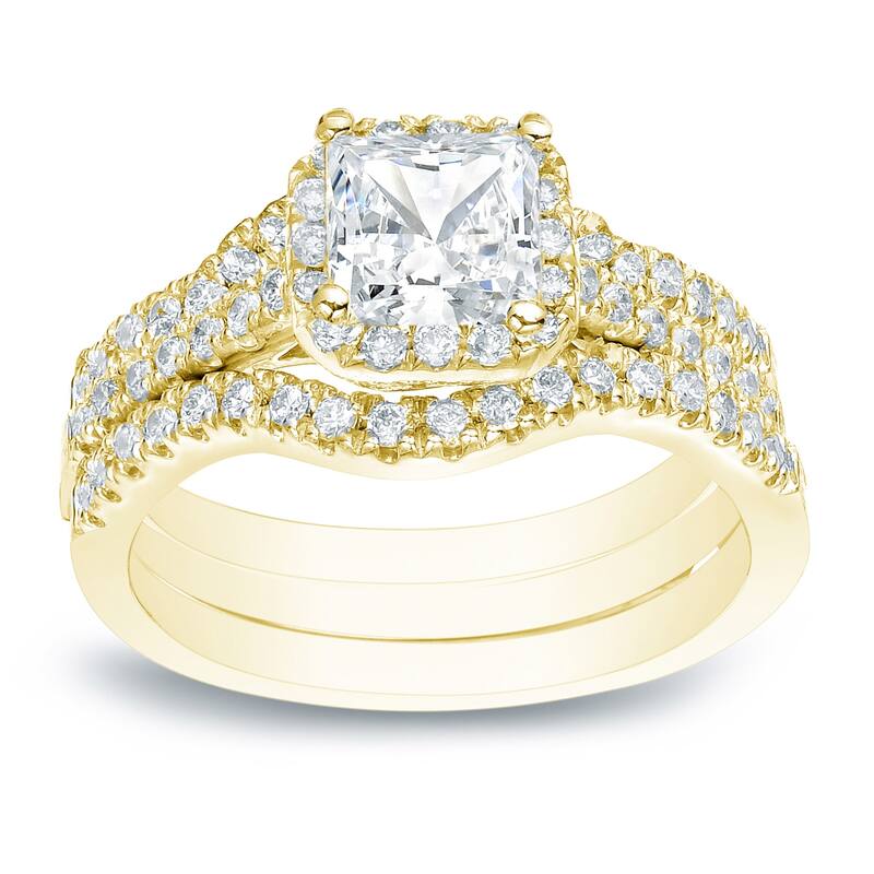 Auriya 1 1/2ctw Princess-cut Halo Diamond Engagement Ring 3pc Set 14k Gold - Yellow - 9
