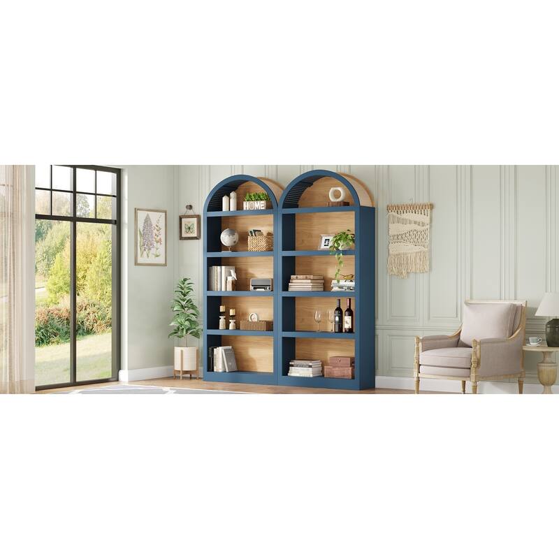 Freestanding Tall Bookshelves Set of 2, Farmhouse Two-Tone Open Storage Cabinet with Fabric Arched Top, 5-Tier Display Bookcase