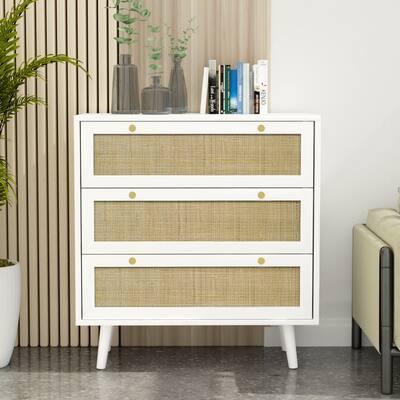 Anmytek 3-Drawer White Chest of Drawers with Pine Wood Legs Farmhouse Rattan Dresser 31.5 in. W x 36 in. H x 15.7 in. D