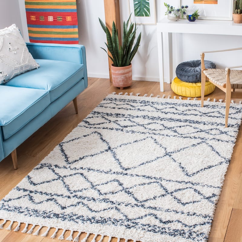 SAFAVIEH Pro Lux Shag Dottie Moroccan Tassel 2.4-inch Thick - 9' x 12' - Ivory/Blue - Runner/Rectangle
