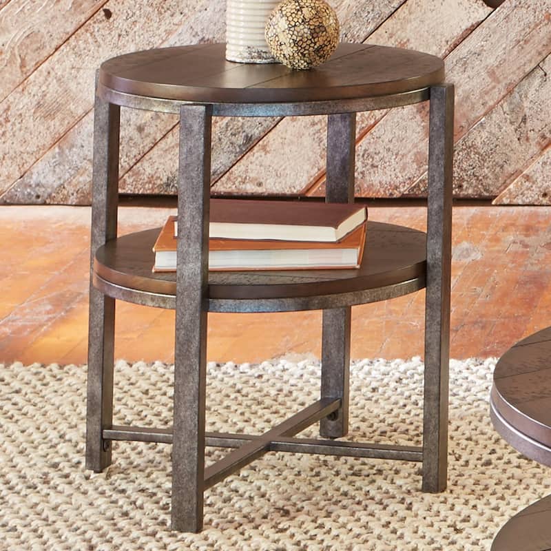 Breckinridge Rustic Poplar and Pewter Metal Round End Table - Mahogany Spice
