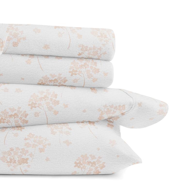Becky Cameron Flower Bunch 4 Piece 100% Cotton Brushed Flannel Deep Pocket Bed Sheet Set - King - Pink