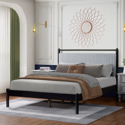 Full Size Wood Platform Bed with Fluffy Soft Headboard and Frame