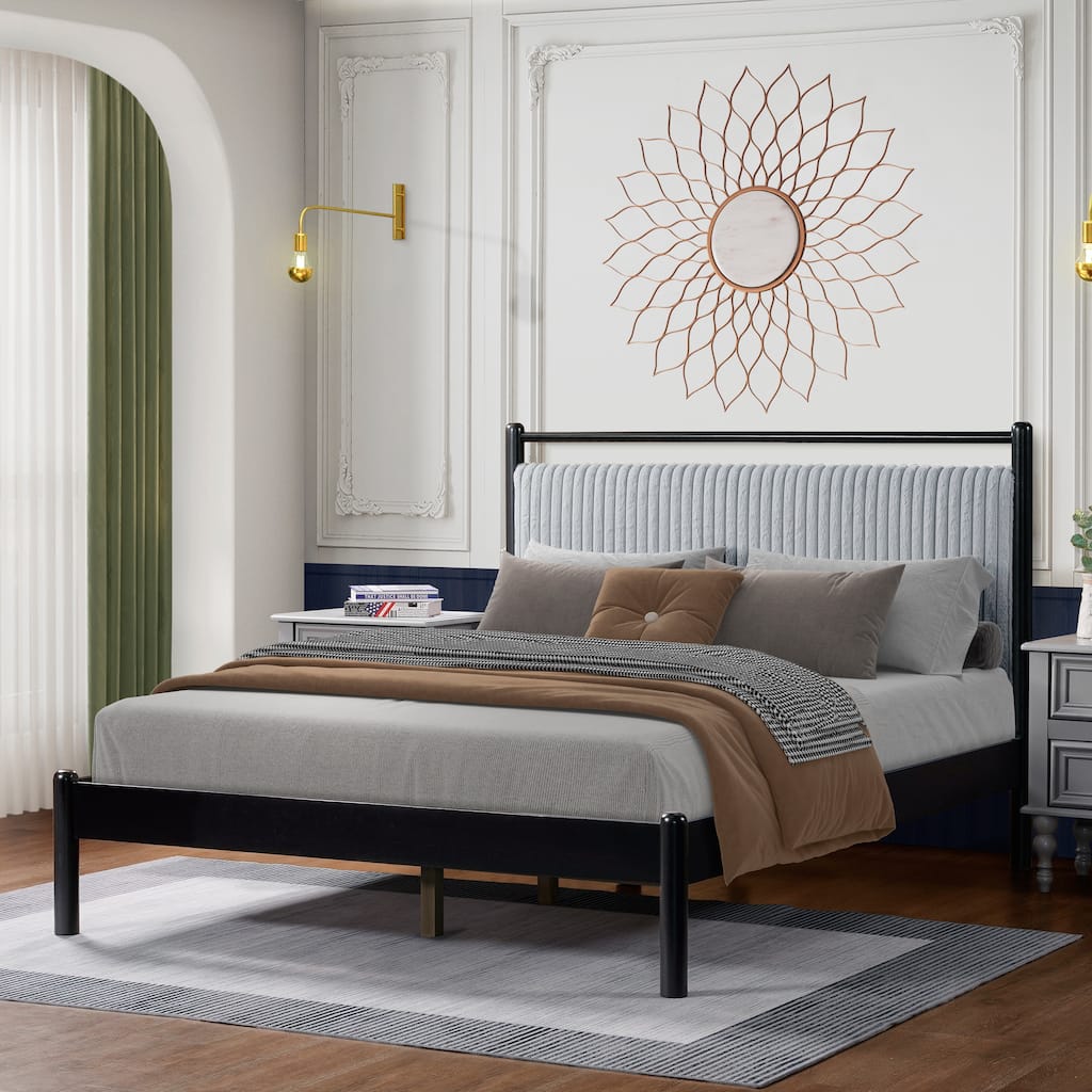 Full Size Wood Platform Bed with Fluffy Soft Headboard and Frame