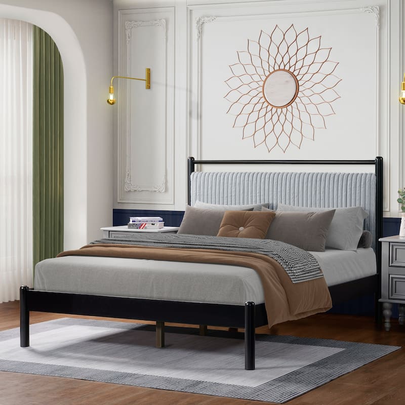 Full size Wood Bed Frame with Fluffy Soft Headboard,Grey+Black Frame - Black+Grey