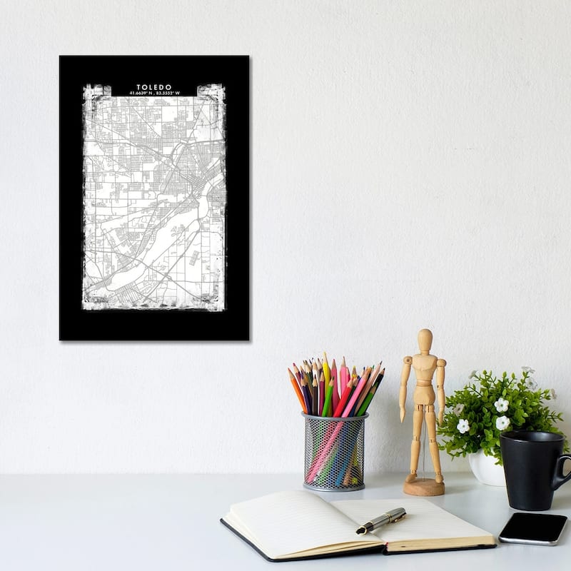 iCanvas "Toledo City Map Black White Grey Style" by WallDecorAddict Canvas Print - 12x8x0.75