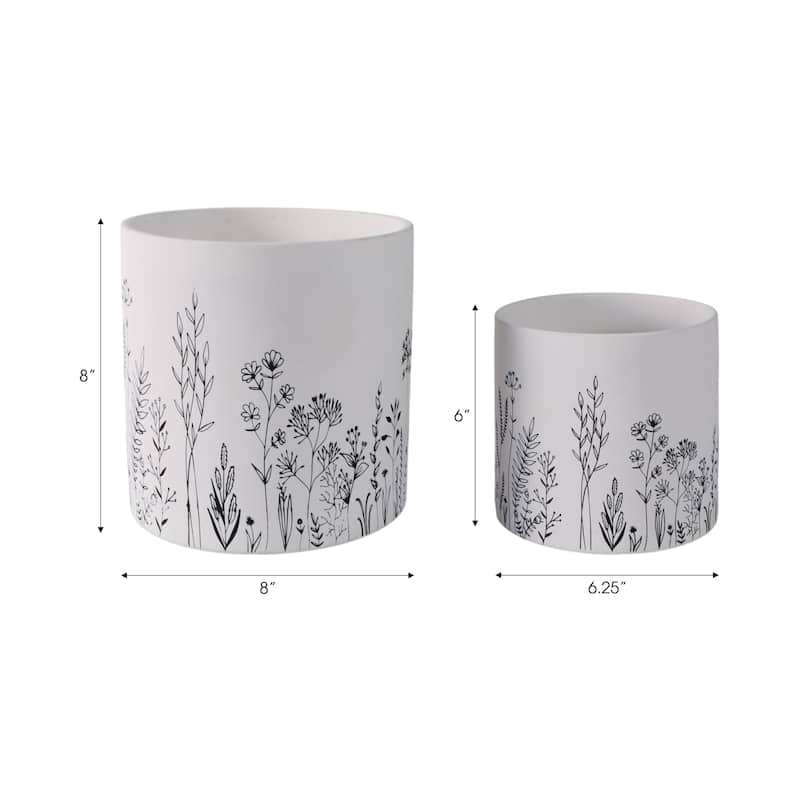 Terracotta Planters Botanical Illustration (Set of 2) - 9", 6" White - 8" x 8" x 8"