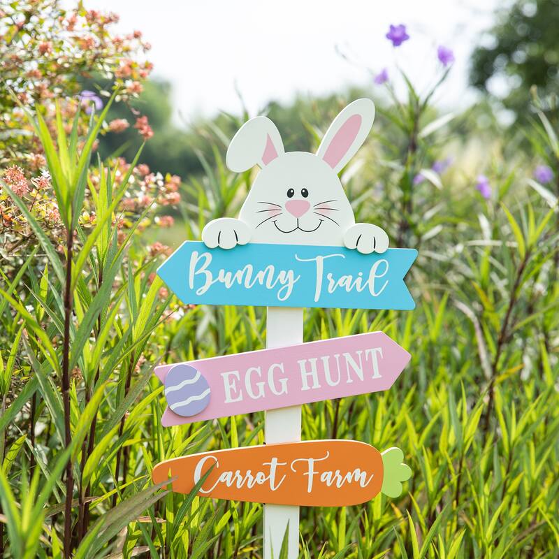 Glitzhome Easter Metal Bunny Yard Stake Wall Decors Standing Sign